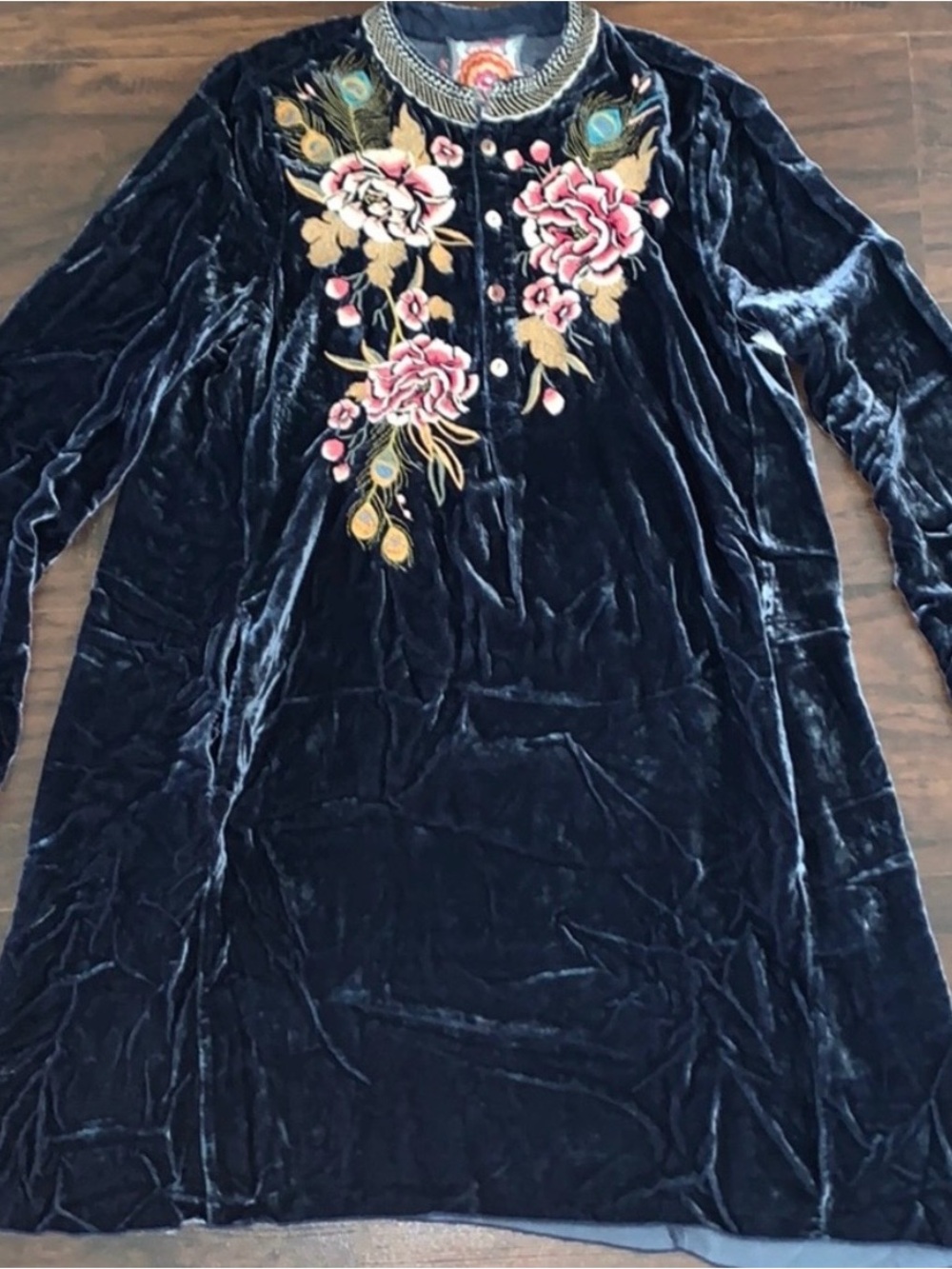Johnny Was Quito Embroidered Blue Velvet Dress S